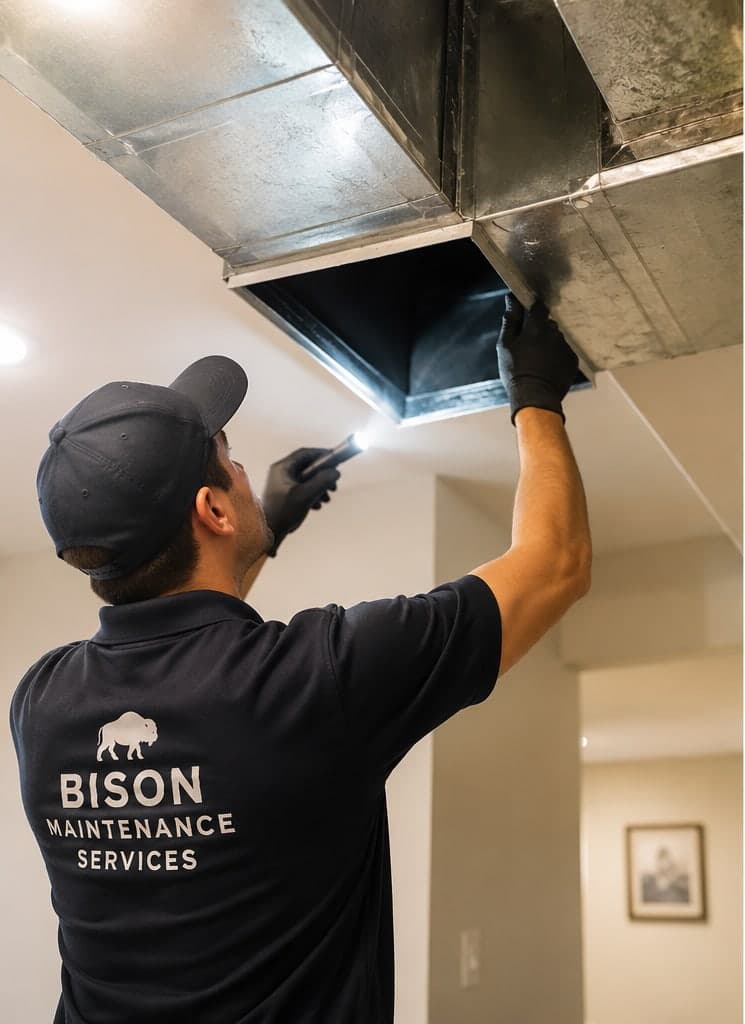 A technician in Bison Maintenance Services branded workwear inspecting a ceiling air duct with a flashlight before starting work
